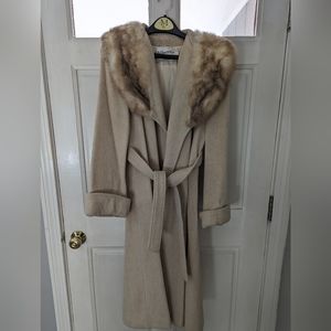 Vintage fur-collar camel wool tie-waist coat women's